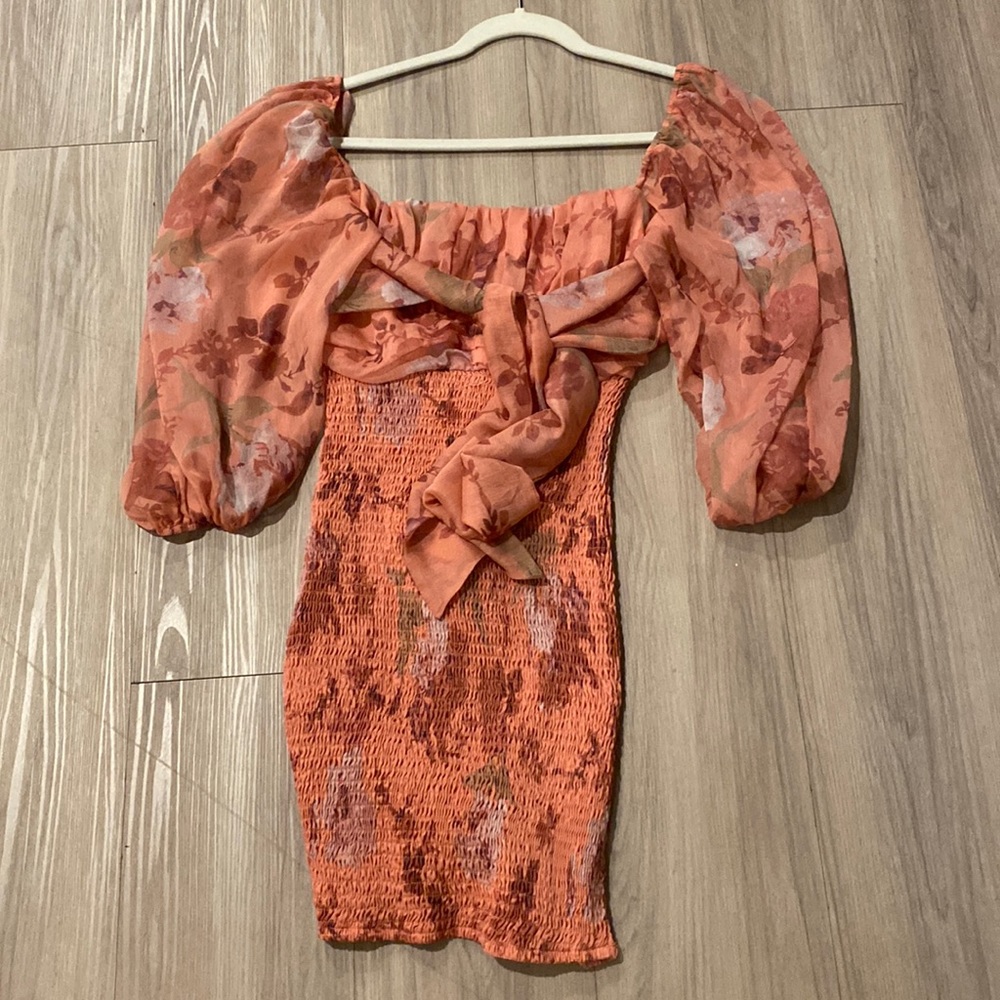 Women’s Tie Back Floral 3/4 Lantern Sleeve Cocktail, Backless Square Neck Orange